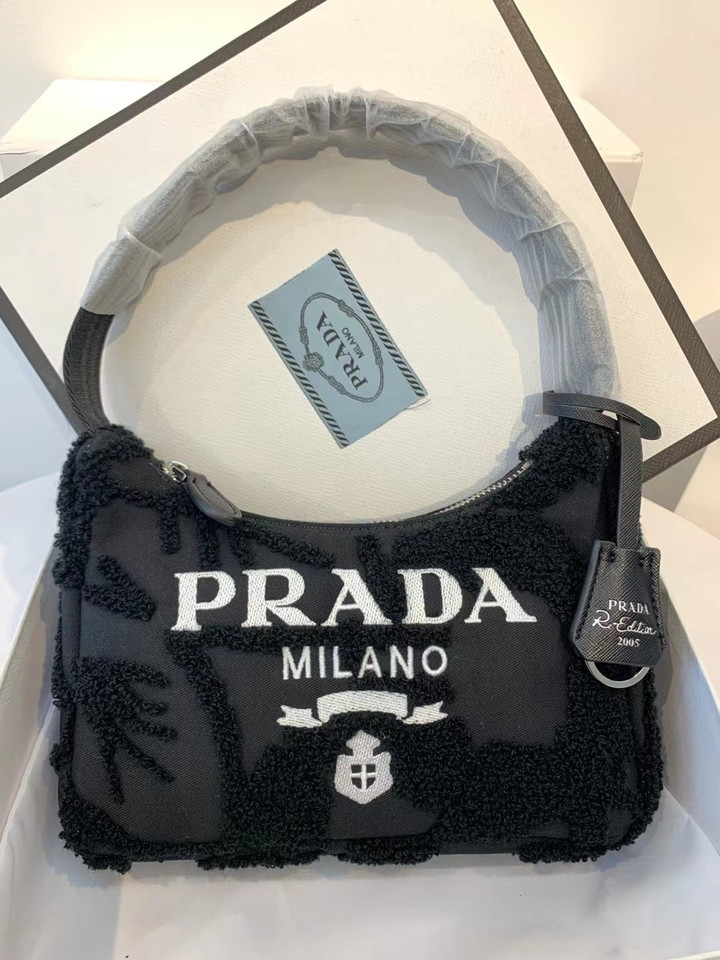 Prada Re-Edition Embroidered Drill Mini Shoulder Bag In Black