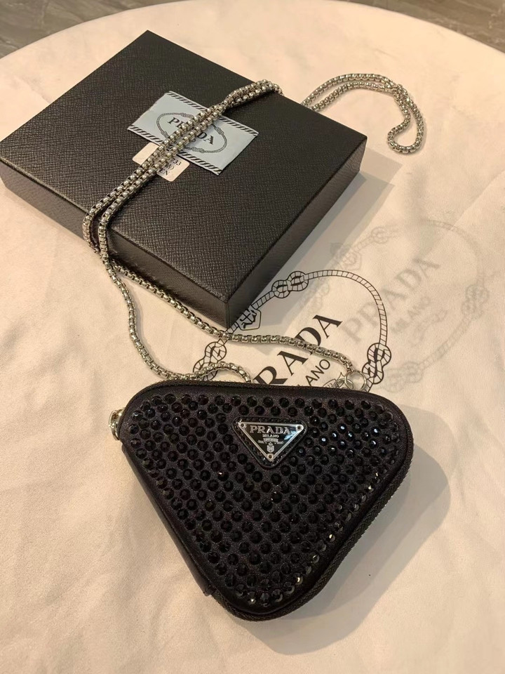 Prada Black Crystal Embellished Triangle Mini Crossbody Bag In Black
