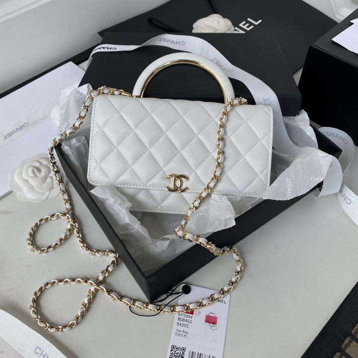 Chanel Top Handle Wallet On Chain Lambskin In White