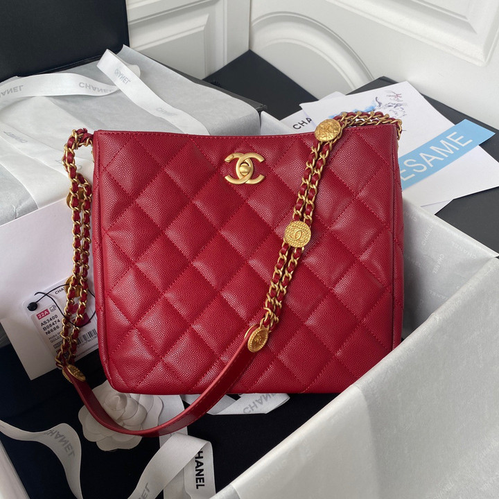 Chanel Gold Coin Badge On Chain Tote Bag Lychee Leather In Red