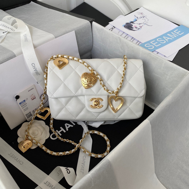 Chanel Mini Flap Bag With Metal Love Pendants On Chain Leather In White