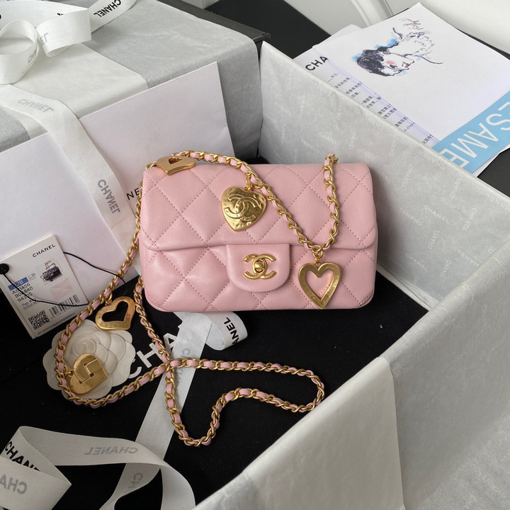 Chanel Mini Flap Bag With Metal Love Pendants On Chain Leather In Light Pink