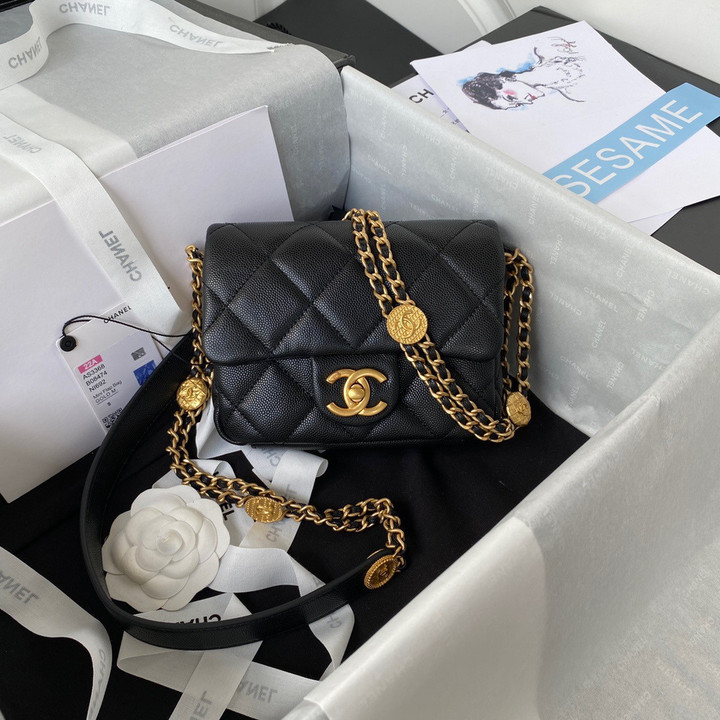 Chanel Mini Flap Bag Gold Coin Chain Grain Cowhide In Black