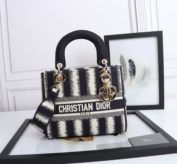 Christian Dior Medium Lady D-Lite Bag Stripes Embroidery In Dark Blue And White