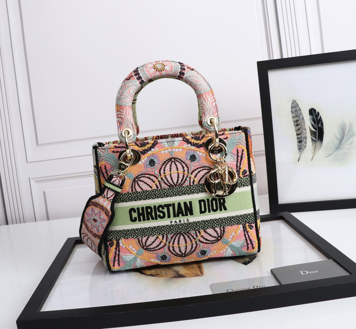 Christian Dior Medium Lady D-Lite Bag Embroidery In Pink Green And Multicolor