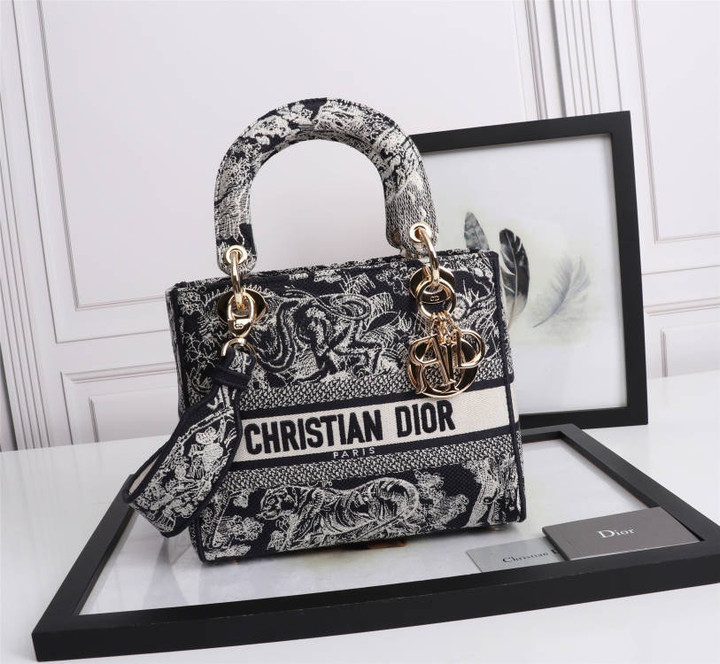 Christian Dior Medium Lady D-Lite Bag In Dark Blue Toile De Jouy Reverse Embroidery
