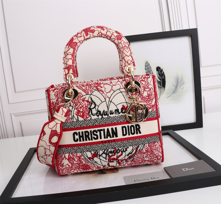 Christian Dior Medium Lady D-Lite Bag In Red And White D Royaume D-Amour Embroidery
