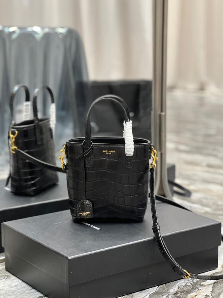 Saint Laurent Toy Mini Tote Shopping Bag Crocodile Pattern Cowhide In Black