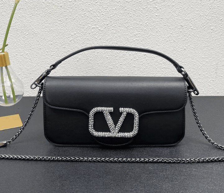 Valentino Garavani Locò Small Shoulder Bag Crystal-Embellished VLogo Leather In Black