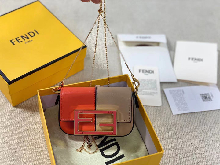 Fendi Nano Baguette Charm Bag Leather In Beige And Red