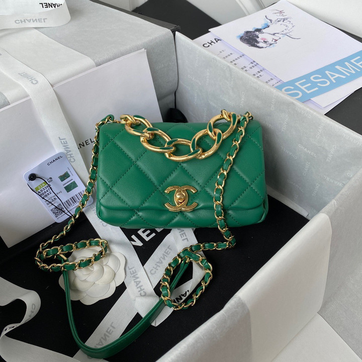 Chanel Classic Rhombus Mini Flap Bag Elegant Chain Leather In Green