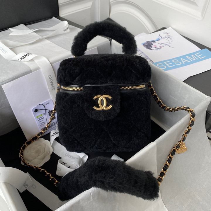 Chanel Small Vanity Case Shearling Leather In Black
