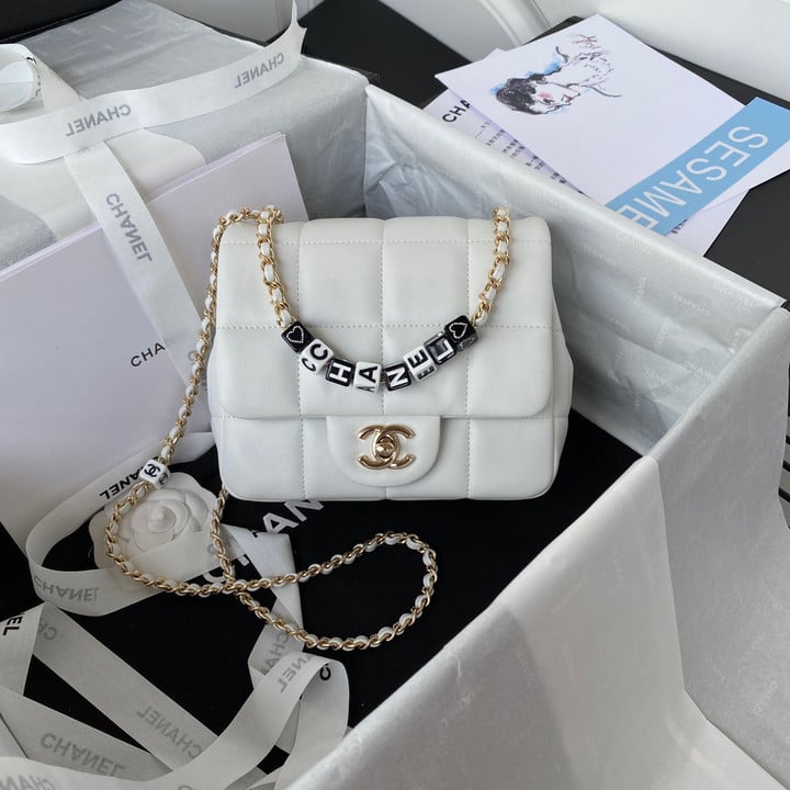 Chanel Classic Mini Square Bag Hearts Letters Dices Leather In White