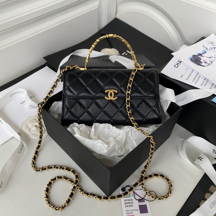 Chanel Medium Clutch With Chain Bag Unique Top Handle Leather In Black