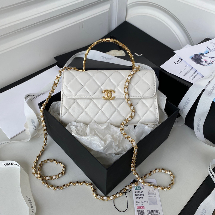 Chanel Medium Clutch With Chain Bag Unique Top Handle Leather In White