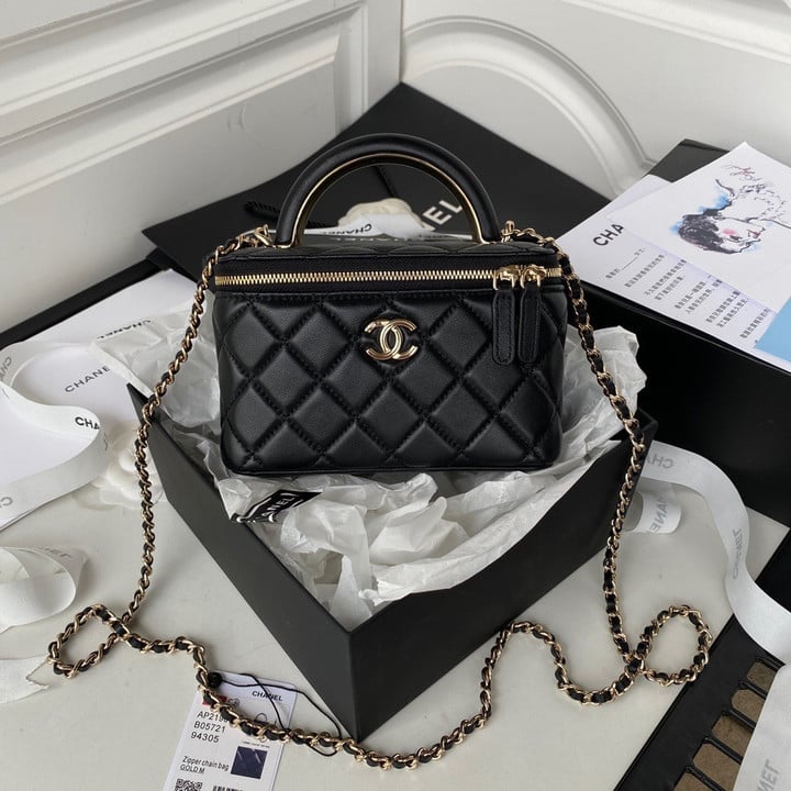 Chanel Vanity Case With Top Handle Lambskin In Black