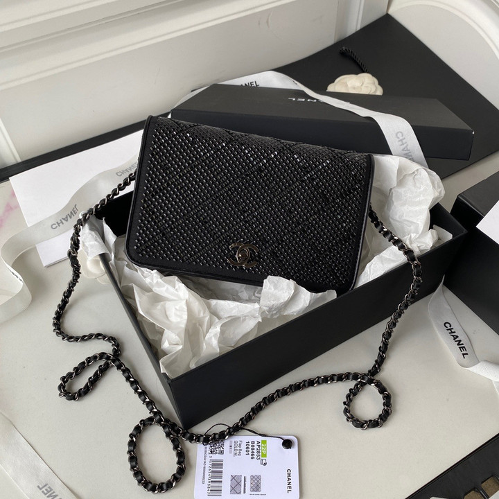 Chanel Wallet On Chain Black-Tone Crystal Leather In Black