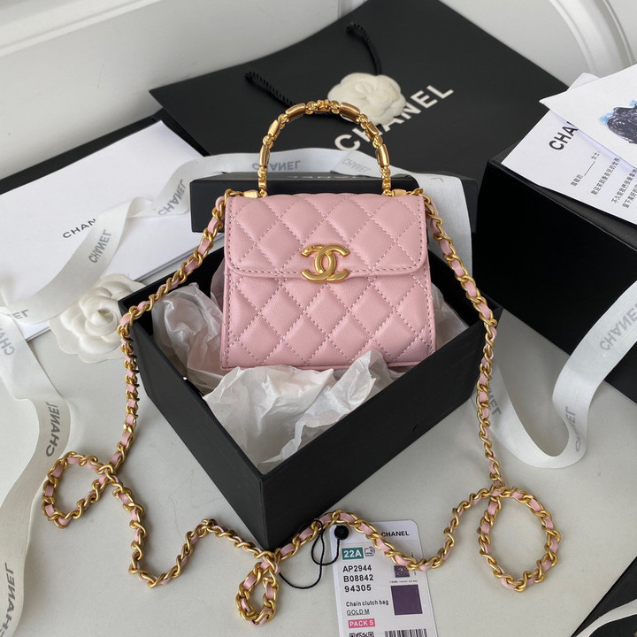 Chanel Mini Clutch With Chain Bag Unique Top Handle Leather In Pink