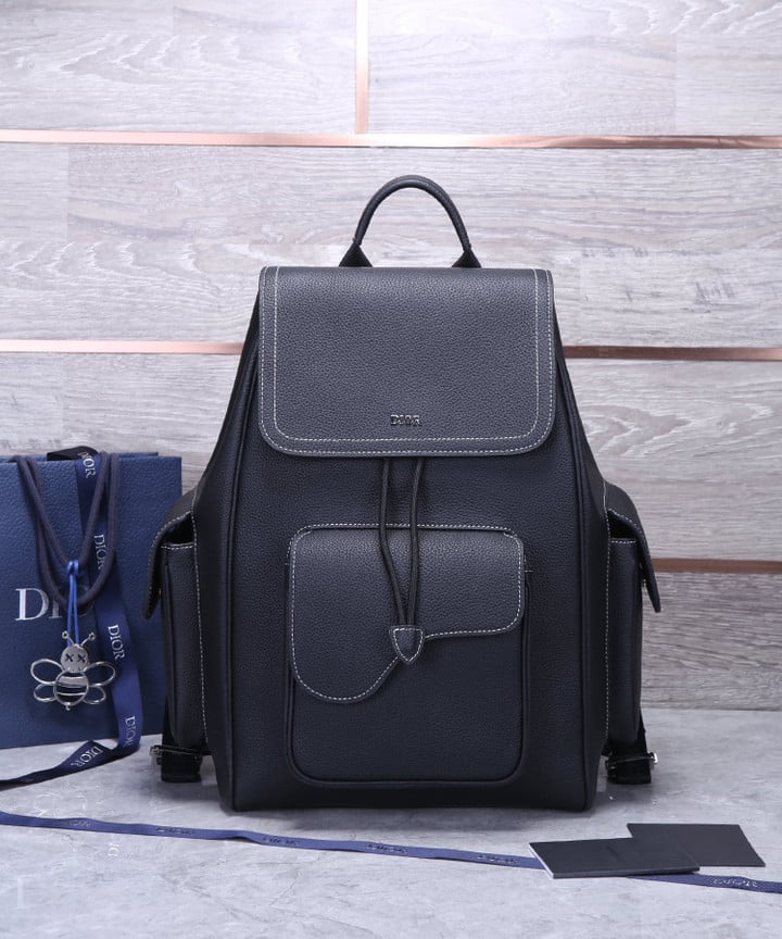 Christian Dior Saddle Backpack Grained Calfskin In Black
