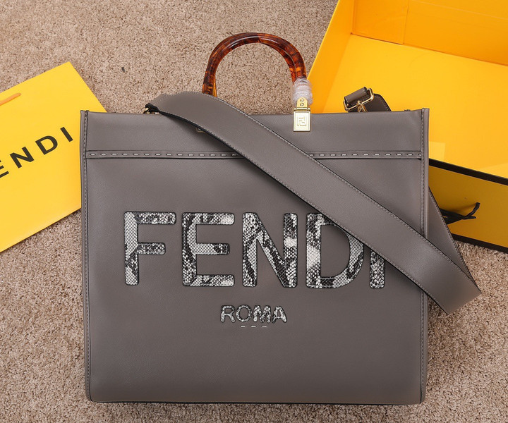 Fendi Sunshine Large Tote Bag With Python Lettering Leather In Gray