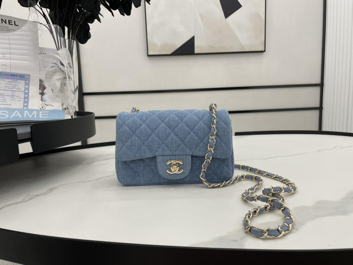 Chanel Classic Handbag In Printed Denim Light Blue