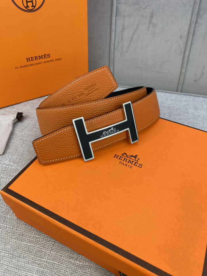 Hermes H Belt Buckle & Reversible Leather Strap, Orange/Silver