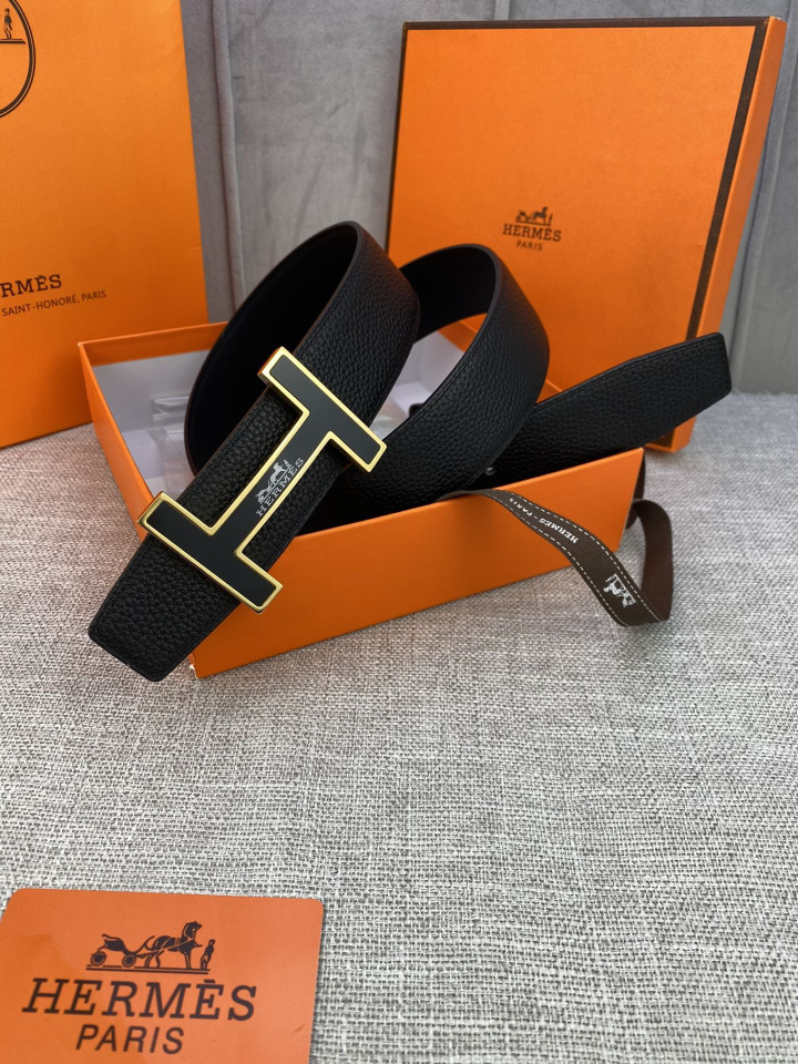 Hermes H Belt Buckle & Reversible Leather Strap, Black/Gold
