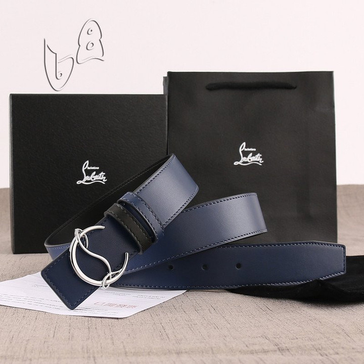 Christian Louboutin CL Logo Belt Calf Leather In Silver Blue Navy