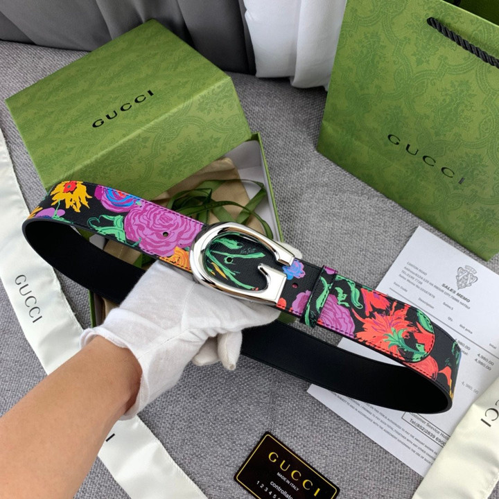 Gucci G Buckle Slim Belt With Floral Pattern In Black And Silver