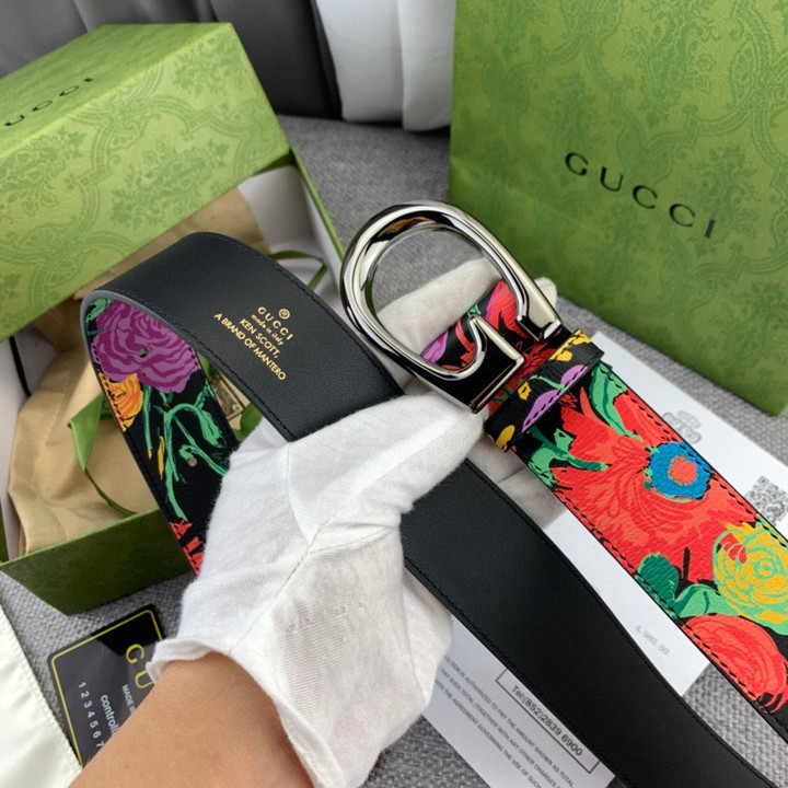 Gucci G Buckle Slim Belt With Floral Pattern In Black And Gray