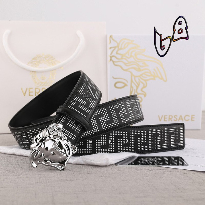 Versace Logo La Medusa Leather Belt In Silver And Black