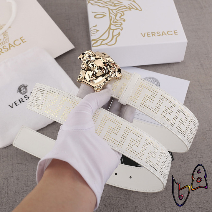 Versace Logo La Medusa Leather Belt In Rose Gold And White
