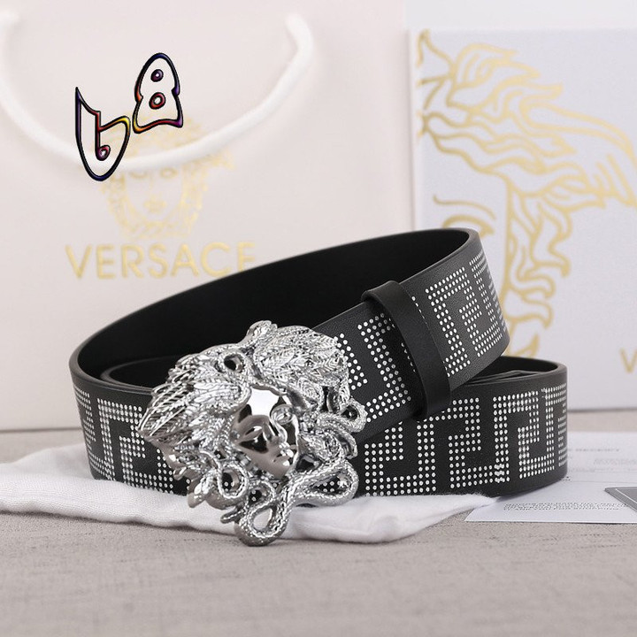 Versace Logo La Medusa Leather Belt In Shiny Silver And Black