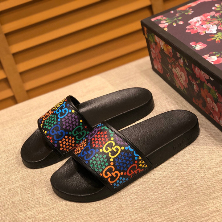 Gucci Black Rubber Sole Slide Sandal In Multicolor Strap