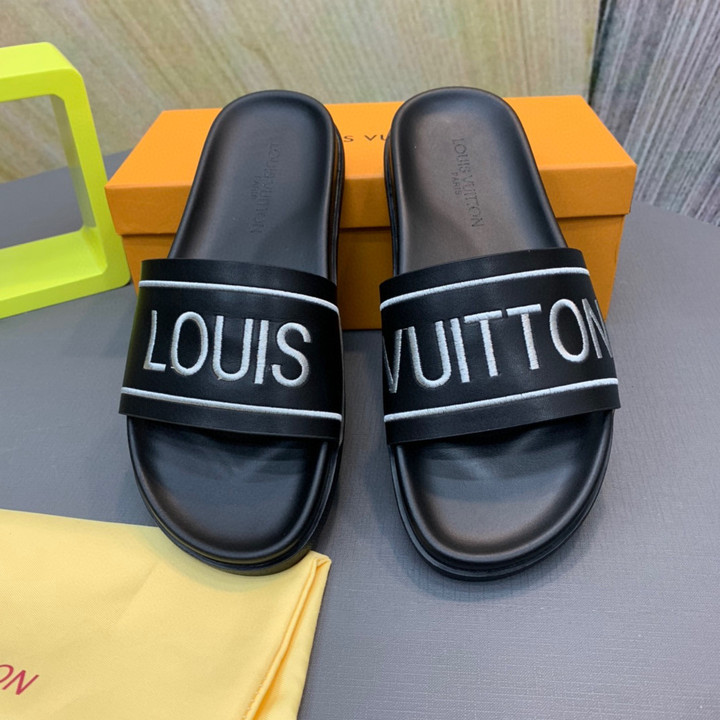 Louis Vuitton Waterfront Mule Slide In Black Logo Embroidery, Men
