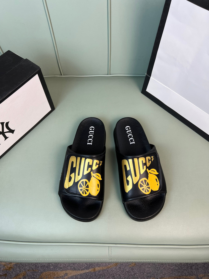 Gucci Adjusted Strap With Logo And Lemon Slides In Black, Men