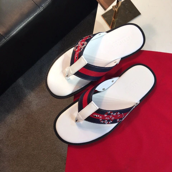 Gucci Snake Pattern Navy And Red Stripes White Flip Flops