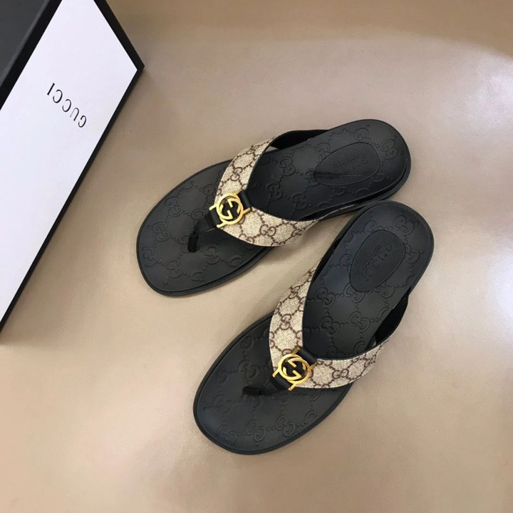 Gucci Gold Gg Logo Black And Beige Slippers With Web