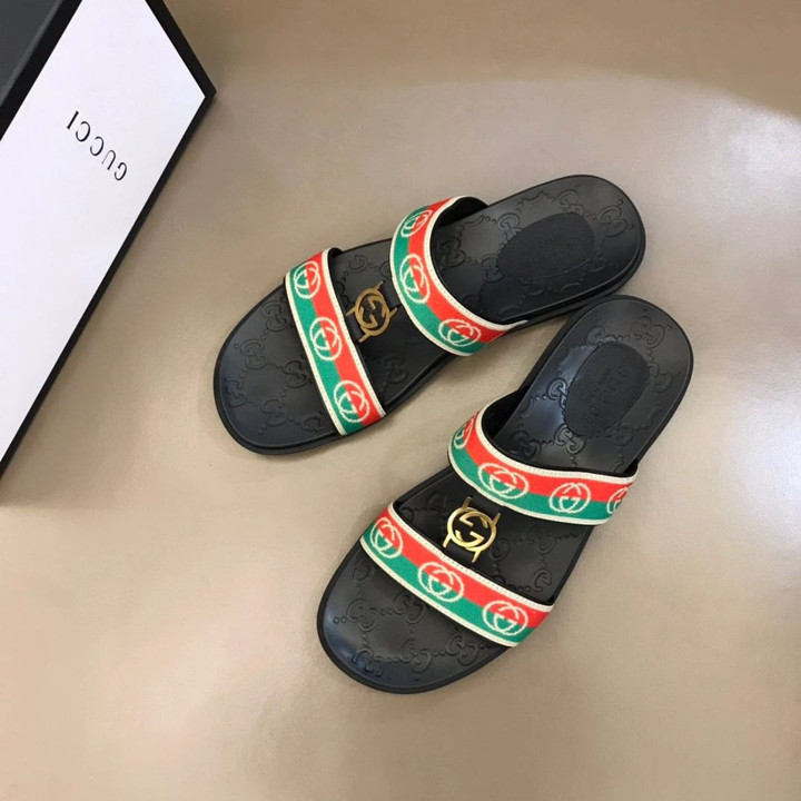 Gucci Interlocking G Red And Green Stripes Slippers With Web