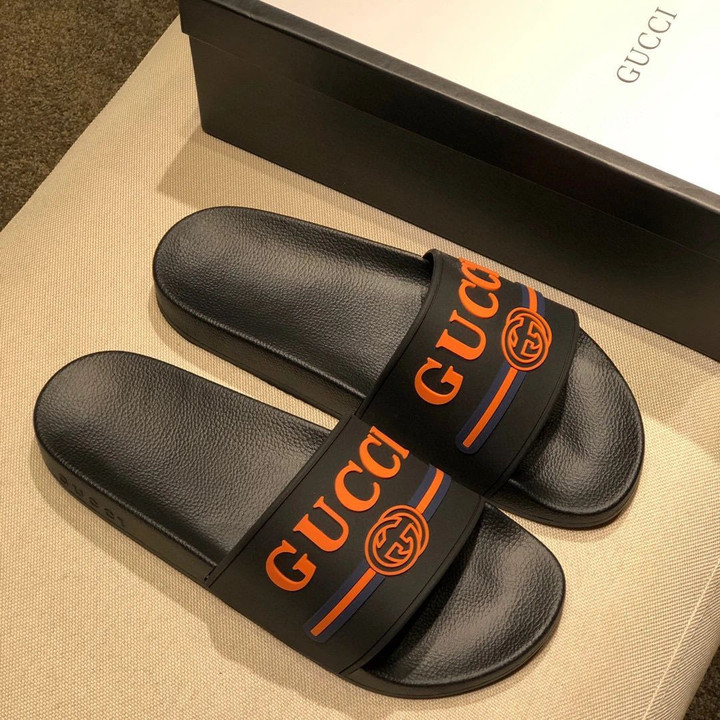 Gucci Gg Orange Blue Stripes Slide Sandals In Black