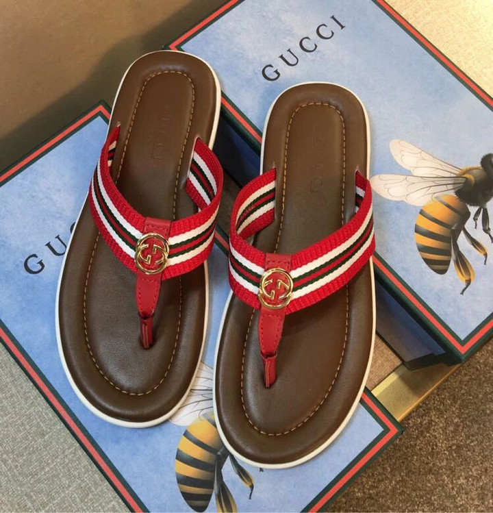 Gucci Gg Gold Logo Brown And Red Flip-flops