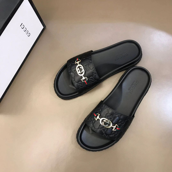 Gucci Gg Silver Logo With Web Black Slide Sandals