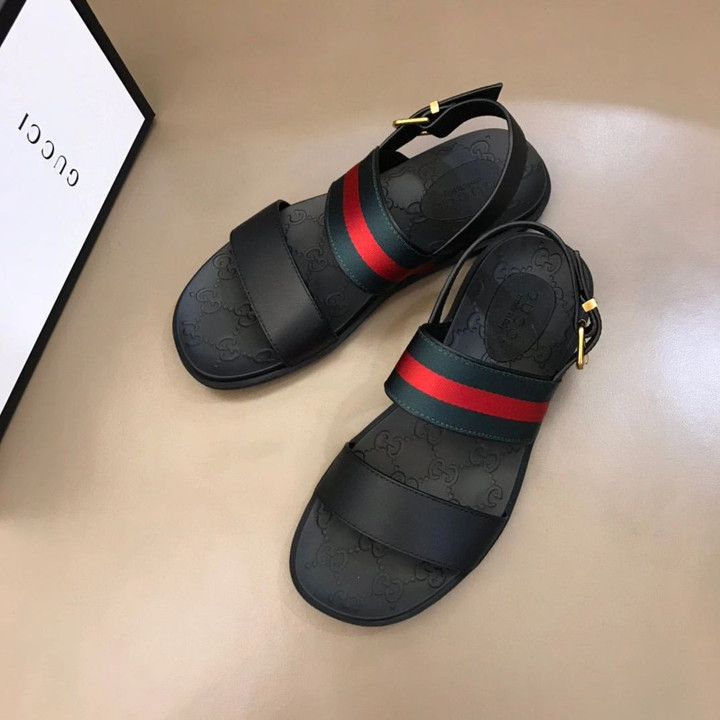 Gucci Signature Stripes Black Leather Slippers With Web