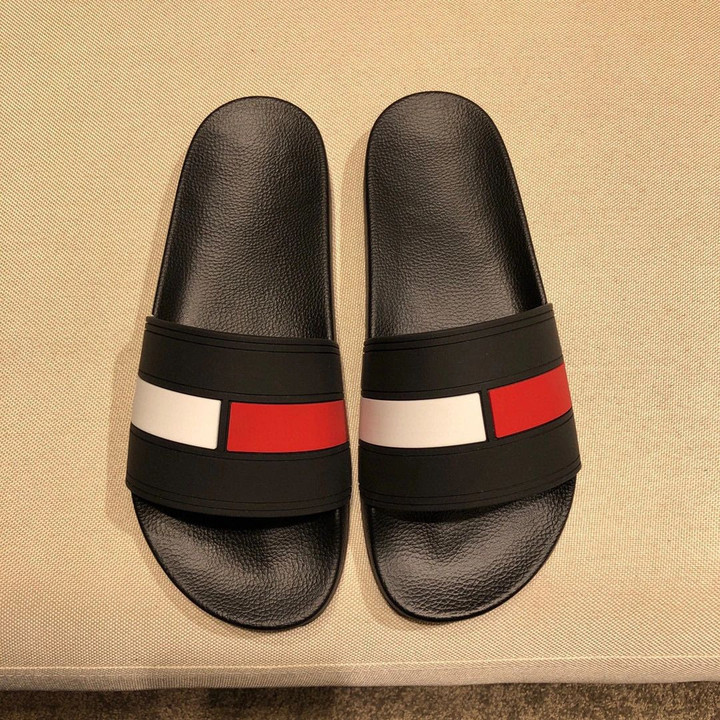 Gucci Red And White Stripes Rubber Slide Sandal In Black