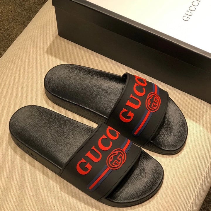 Gucci Gg Red Blue Stripes Slide Sandal In Black