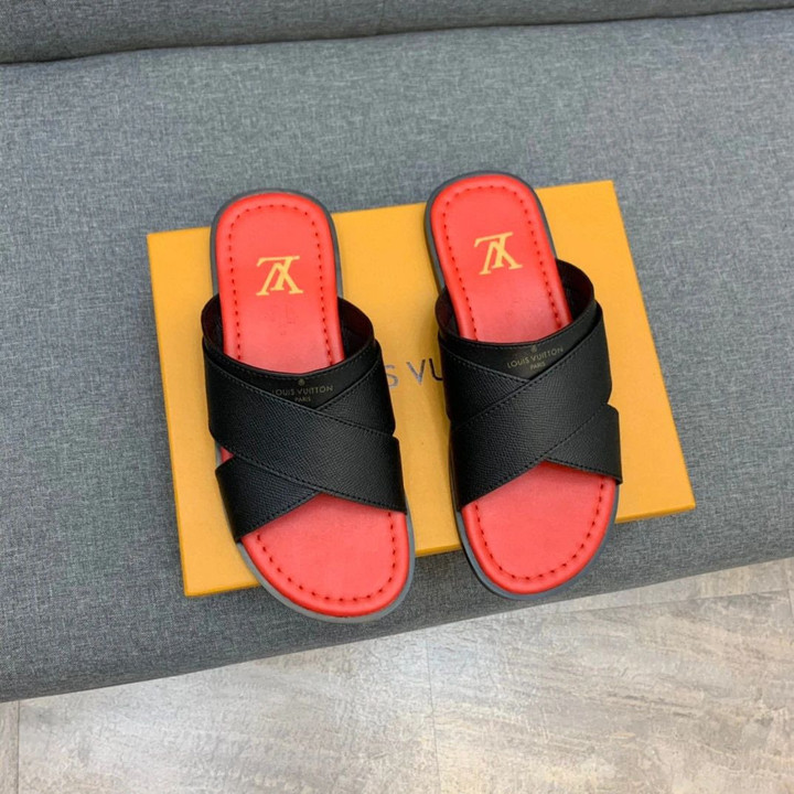 Louis Vuitton Cross Strap Slippers In Black And Red