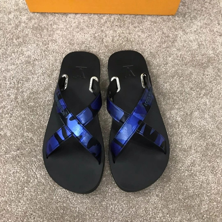 Louis Vuitton Blue Camouflage Cross Strap Slide Sandals