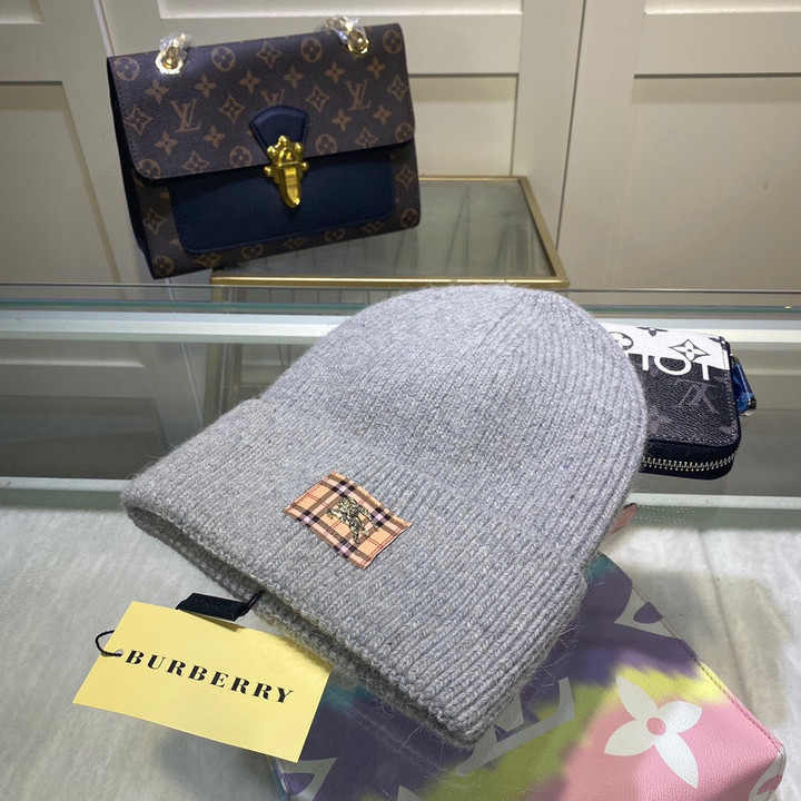 Burberry Check Logo Patch Wool Knit Beanie In Grey