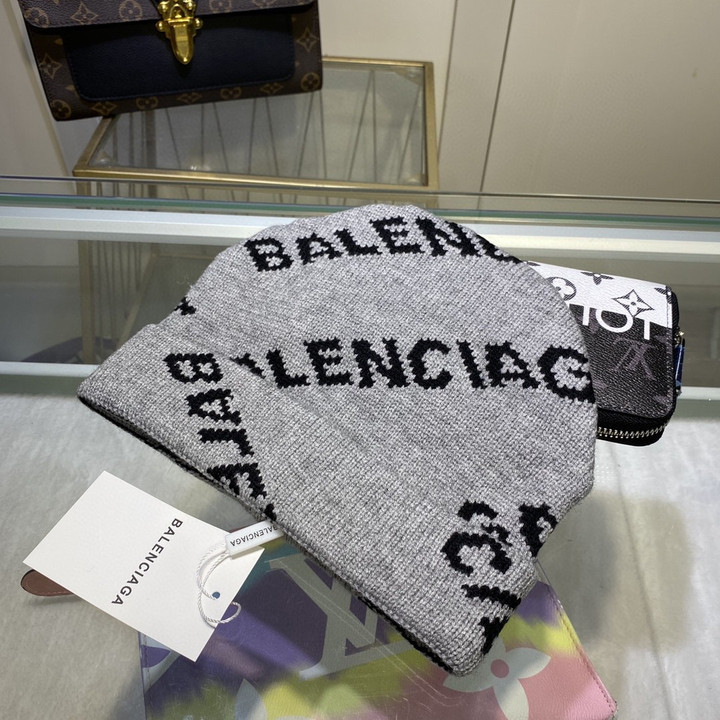 Balenciaga Allover Logo Beanie Wool Knit In Grey