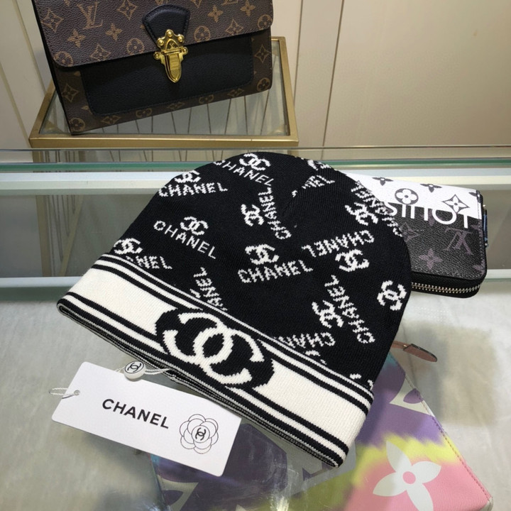 Chanel Allover Logo Beanie Wool Knit In Black White
